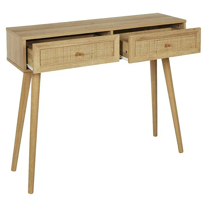 Home Deco Factory Bali Mesa auxiliar - L x An x Al: 29 x 100 x 81 cm, Marrón, Con ratán trenzado - Atractiva consola con dos cajones de ratán y un tono de madera clara, ideal para recibidor o sala de estar.