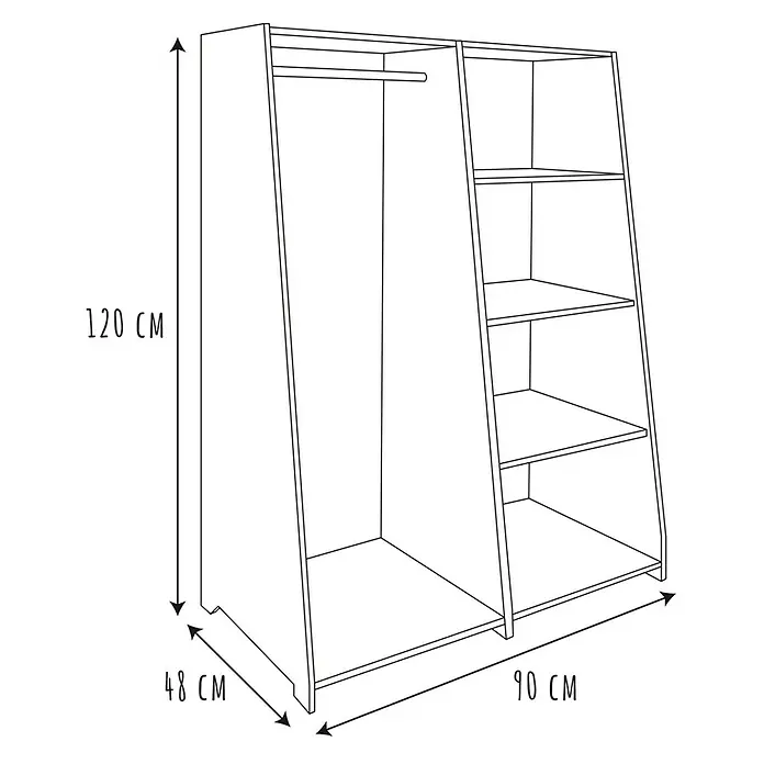 Home Deco Kids Armario para ropa - L x An x Al: 48 x 90 x 120 mm, Blanco/Beige, Específico para: Niños de 0 a 10 años - Dibujo esquemático de un armario con barra y estantes. Se indican las dimensiones.