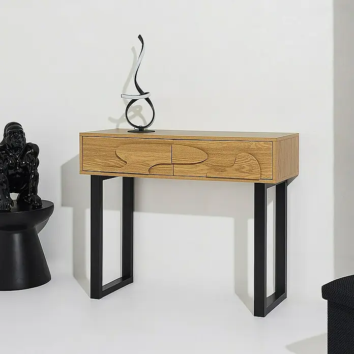 Home Deco Factory Calypso Mesa auxiliar - L x An x Al: 35 x 100 x 80 cm, MDF/Metal, Relieves curvos - Esta mesa consola de madera moderna con patas de metal negro y diseños de cajones únicos añade un toque elegante a cualquier habitación.