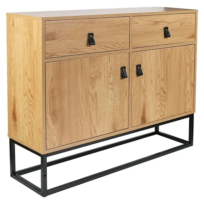 Home Deco Factory Abbot Aparador - L x An x Al: 29 x 100 x 80 cm, Marrón/Negro, Número de cajones: 2 ud., Número de puertas: 2 ud. - Elegante aparador con dos cajones y dos puertas de madera clara sobre un marco de metal negro.