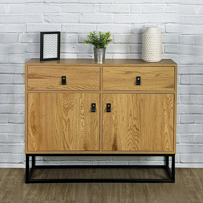 Home Deco Factory Abbot Aparador (L x An x Al: 29 x 100 x 80 cm, Marrón/Negro, Número de cajones: 2 ud., Número de puertas: 2 ud.) | BAUHAUS