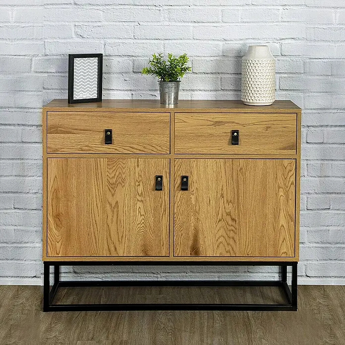 Home Deco Factory Abbot Aparador - L x An x Al: 29 x 100 x 80 cm, Marrón/Negro, Número de cajones: 2 ud., Número de puertas: 2 ud. - Aparador de madera con dos cajones y dos puertas sobre una estructura metálica negra.