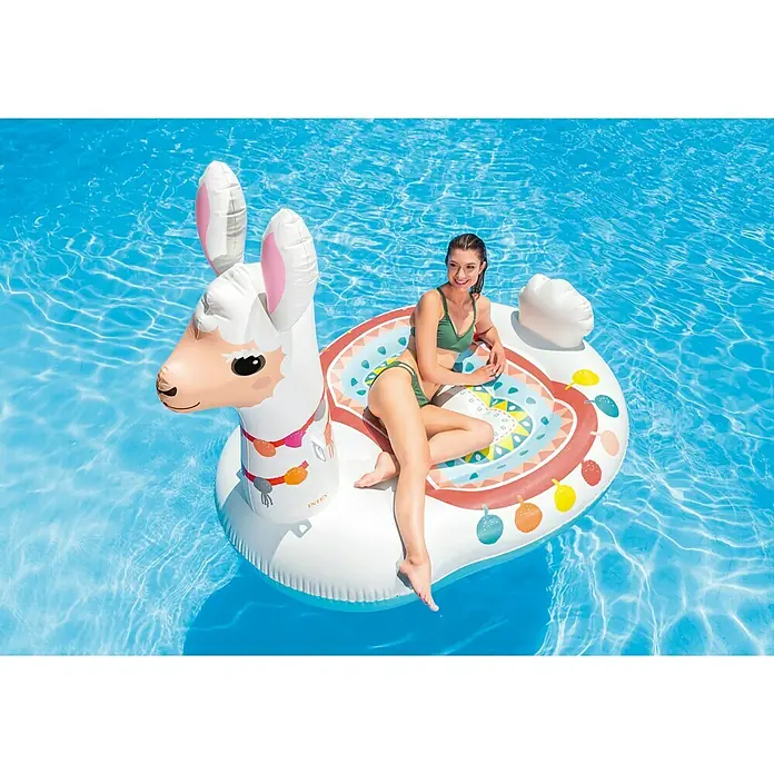 Intex Badetier Mega Llama Island - L x B x H: 201 x 147 x 173 cm - Ein aufblasbarer Intex Lama Pool Float mit einer Frau in einem Pool. Perfekt für Sommer-Poolpartys und zum Entspannen im Wasser.