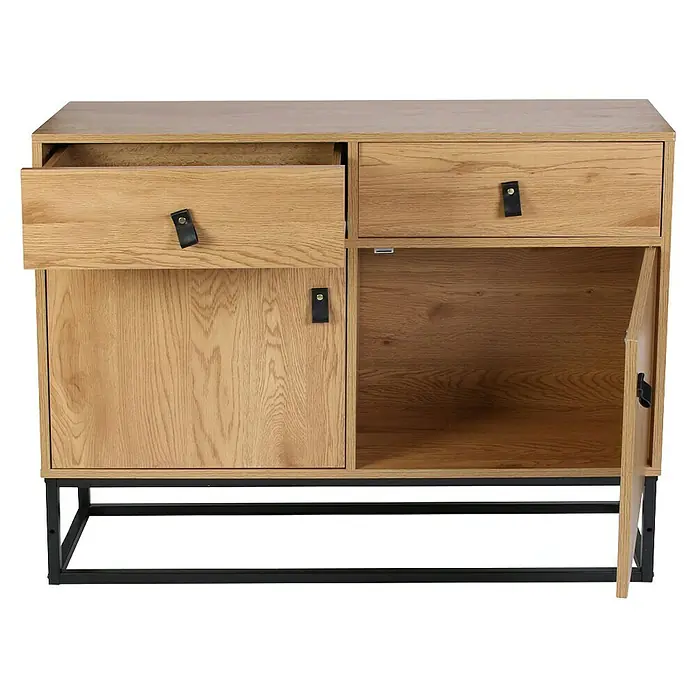 Home Deco Factory Abbot Aparador - L x An x Al: 29 x 100 x 80 cm, Marrón/Negro, Número de cajones: 2 ud., Número de puertas: 2 ud. - Un armario de madera con cajones y una puerta, que proporciona tanto almacenamiento como un diseño moderno. El mueble se encuentra sobre un marco de metal.