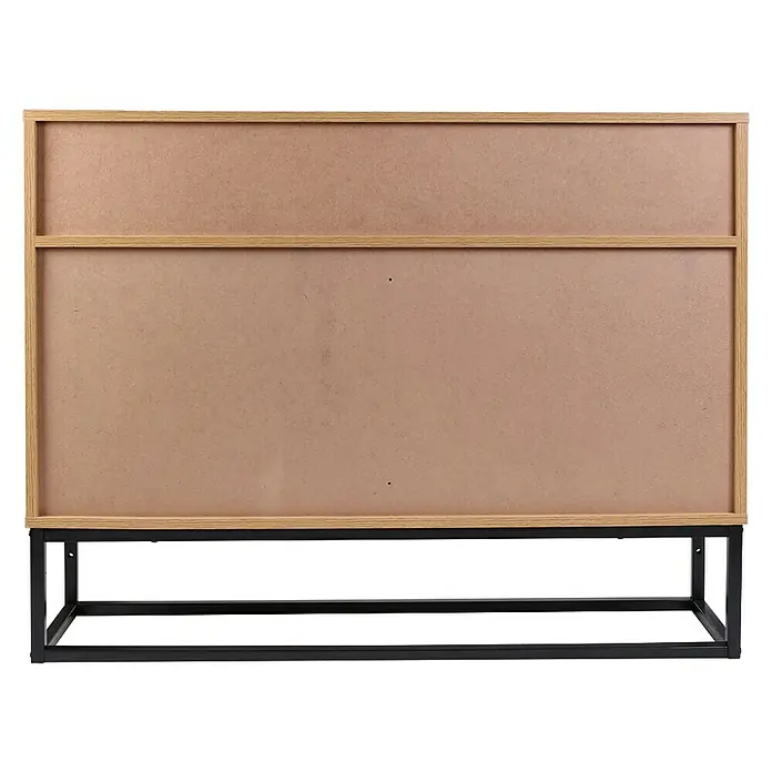 Home Deco Factory Abbot Aparador - L x An x Al: 29 x 100 x 80 cm, Marrón/Negro, Número de cajones: 2 ud., Número de puertas: 2 ud. - Primer plano de un aparador de madera sobre una estructura de metal negro, mostrando la textura y detalles de construcción.