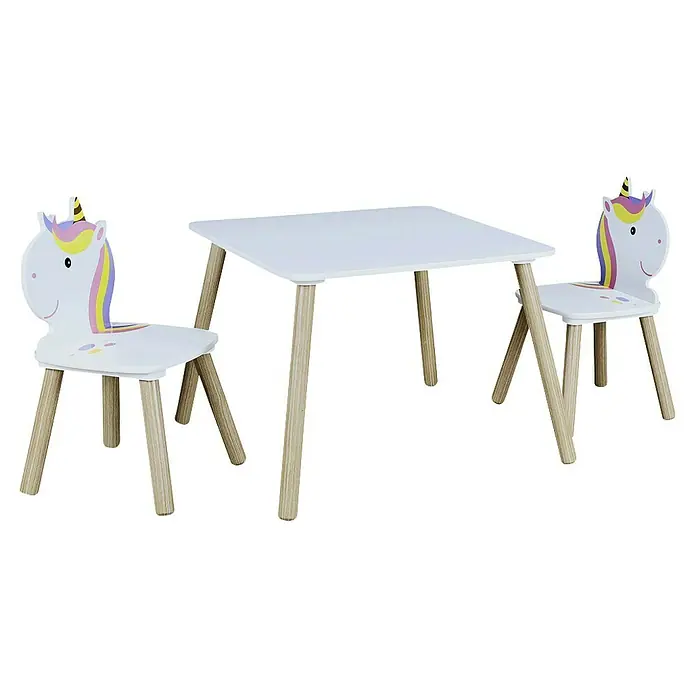 Home Deco Kids Mesa infantil con sillas Unicornio - MDF, Blanco, 3 pzs., Específico para: Niños de 3 a 5 años - Un encantador juego de asientos para niños con una mesa blanca y dos sillas con temática de unicornio, perfecto para el juego imaginativo.