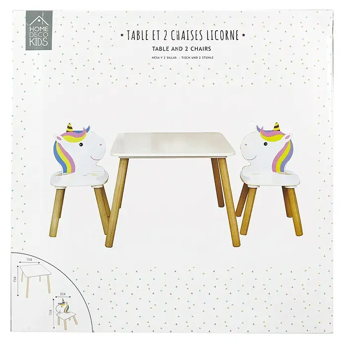 Home Deco Kids Mesa infantil con sillas Unicornio - MDF, Blanco, 3 pzs., Específico para: Niños de 3 a 5 años - Un conjunto para habitación infantil con una mesa y dos sillas con temática de unicornio. Ideal para jugar y aprender.