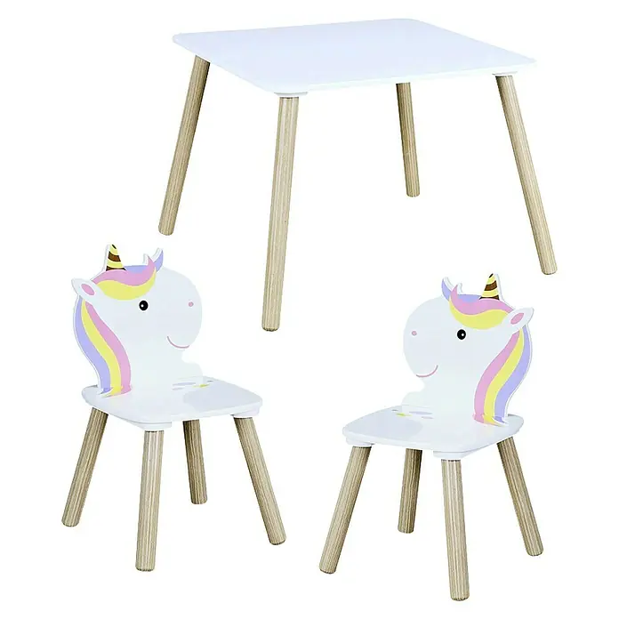 Home Deco Kids Mesa infantil con sillas Unicornio - MDF, Blanco, 3 pzs., Específico para: Niños de 3 a 5 años - Un conjunto para habitación infantil que incluye una mesa cuadrada blanca y dos sillas con diseño de unicornio. Las patas son de madera clara.