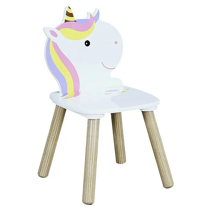 Home Deco Kids Mesa infantil con sillas Unicornio - MDF, Blanco, 3 pzs., Específico para: Niños de 3 a 5 años - Encantadora silla infantil de unicornio con patas de madera, un asiento robusto y alegre para niños.