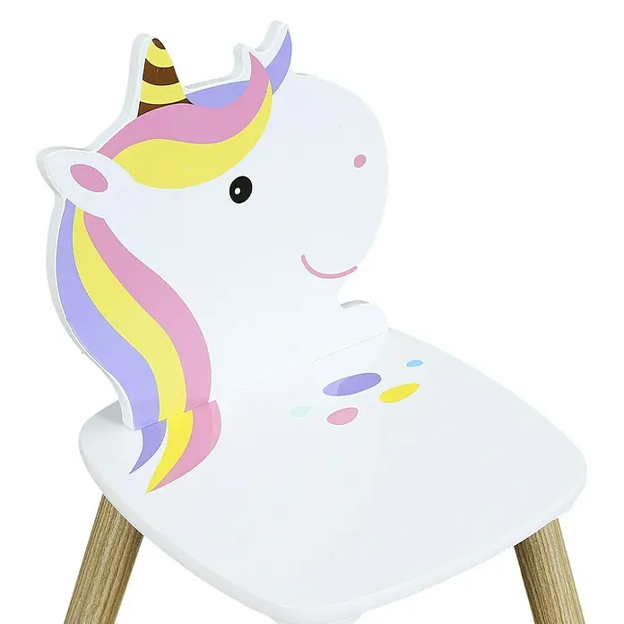 Home Deco Kids Mesa infantil con sillas Unicornio - MDF, Blanco, 3 pzs., Específico para: Niños de 3 a 5 años - Una silla infantil linda con diseño de unicornio y colores vivos. La silla tiene patas de madera y un asiento blanco.