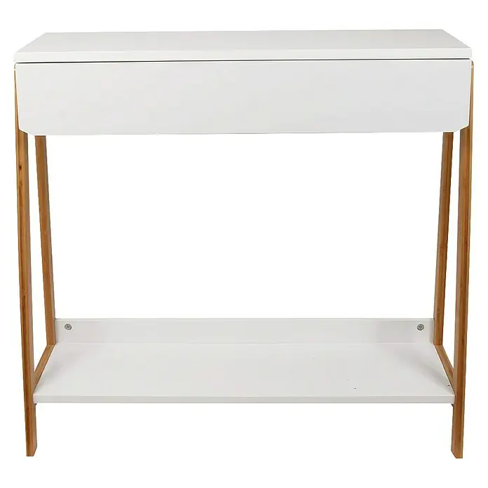 Home Deco Factory Mesa auxiliar - L x An x Al: 34 x 83,8 x 77 cm, Blanco/Marrón, MDF - Un escritorio blanco con estructura de madera y varios compartimentos de almacenamiento, perfecto para la oficina o el estudio.