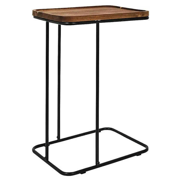 Home Deco Factory Mesa auxiliar Acacia - L x An: 30 x 40 cm, Marrón/Negro - Esta mesa auxiliar con su bandeja de madera y la estructura de metal negro es un complemento elegante y práctico para cualquier espacio habitable.