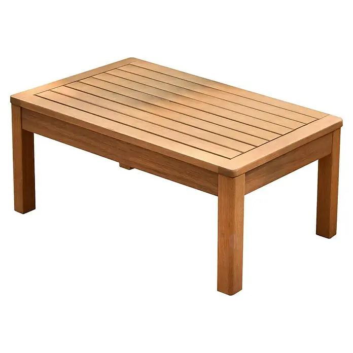 Joda Garten-Couchtisch Ballina - L x B x H: 43 x 72 x 32 cm, Eukalyptus, Natur - Bild eines rechteckigen Couchtisches aus Holz mit Lattenrostplatte, ideal für den Außenbereich. Das Holz hat eine warme, natürliche Farbe.