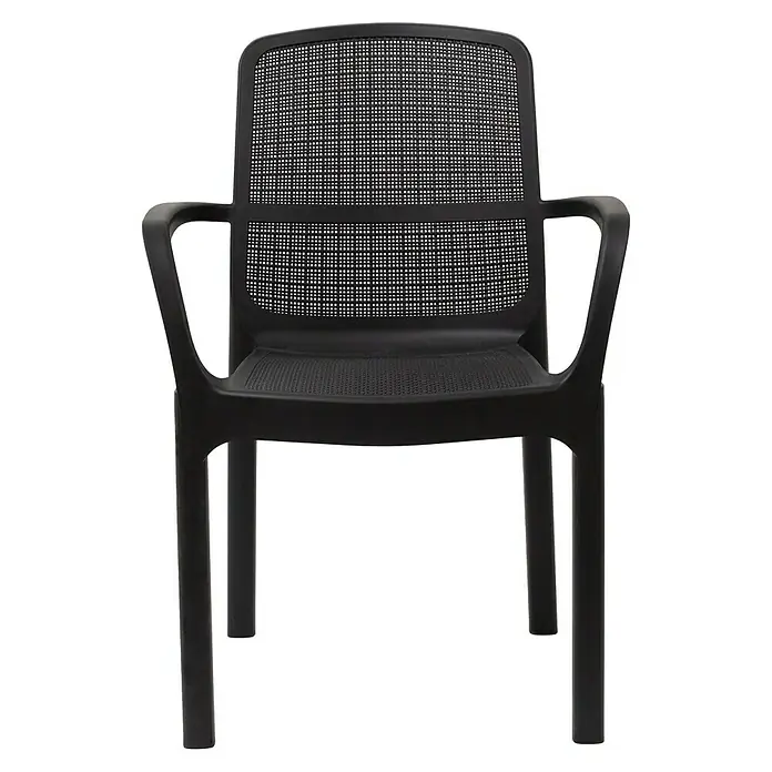 Gartensessel Sirolo - Schwarz, Kunststoff - Schwarzer Armlehnstuhl mit geflochtener Rückenlehne. Der Stuhl ist aus robustem Material gefertigt und bietet Komfort und Stil.