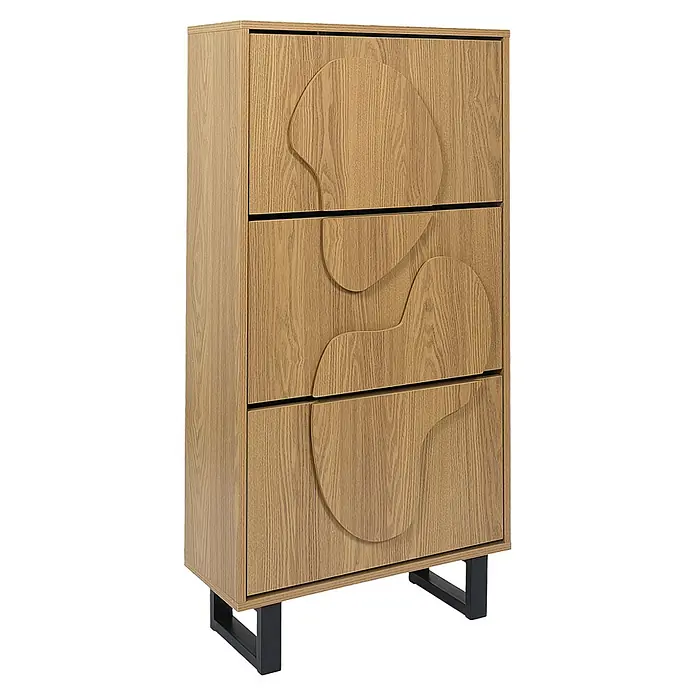 Home Deco Factory Calypso Zapatero - L x An x Al: 24 x 60 x 115 cm, Marrón/Negro, Número de compartimentos: 3 ud., Relieves curvos - Elegante mueble de madera con tres cajones y un diseño ondulado único. El mueble se apoya sobre patas metálicas elegantes.