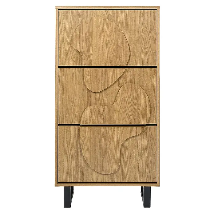 Home Deco Factory Calypso Zapatero - L x An x Al: 24 x 60 x 115 cm, Marrón/Negro, Número de compartimentos: 3 ud., Relieves curvos - Cómoda de madera con tres cajones y diseño abstracto, sobre una base metálica.