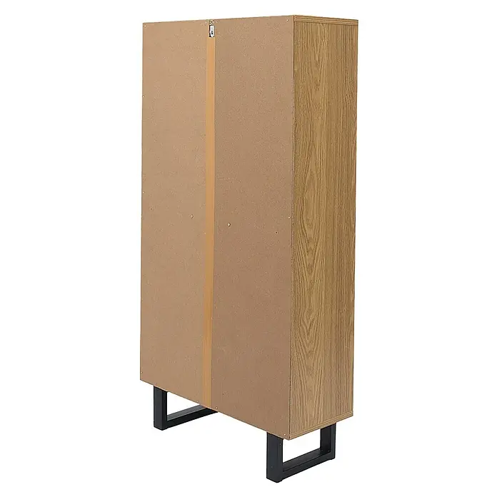 Home Deco Factory Calypso Zapatero - L x An x Al: 24 x 60 x 115 cm, Marrón/Negro, Número de compartimentos: 3 ud., Relieves curvos - Vista trasera de un armario de madera con patas de metal. El mueble presenta un diseño sencillo y moderno.