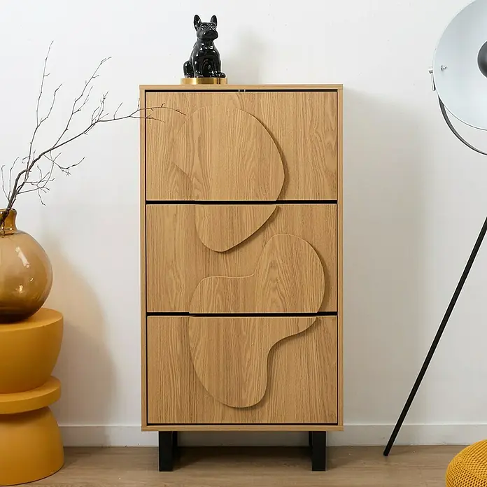 Home Deco Factory Calypso Zapatero - L x An x Al: 24 x 60 x 115 cm, Marrón/Negro, Número de compartimentos: 3 ud., Relieves curvos - Cómoda moderna de madera con frentes de cajones únicos y diseño minimalista. Perfecta para un almacenamiento elegante en cualquier espacio habitable.