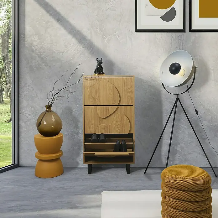 Home Deco Factory Calypso Zapatero - L x An x Al: 24 x 60 x 115 cm, Marrón/Negro, Número de compartimentos: 3 ud., Relieves curvos - Zapatero moderno de madera con elementos decorativos y compartimentos prácticos para guardar zapatos. Un mueble elegante.