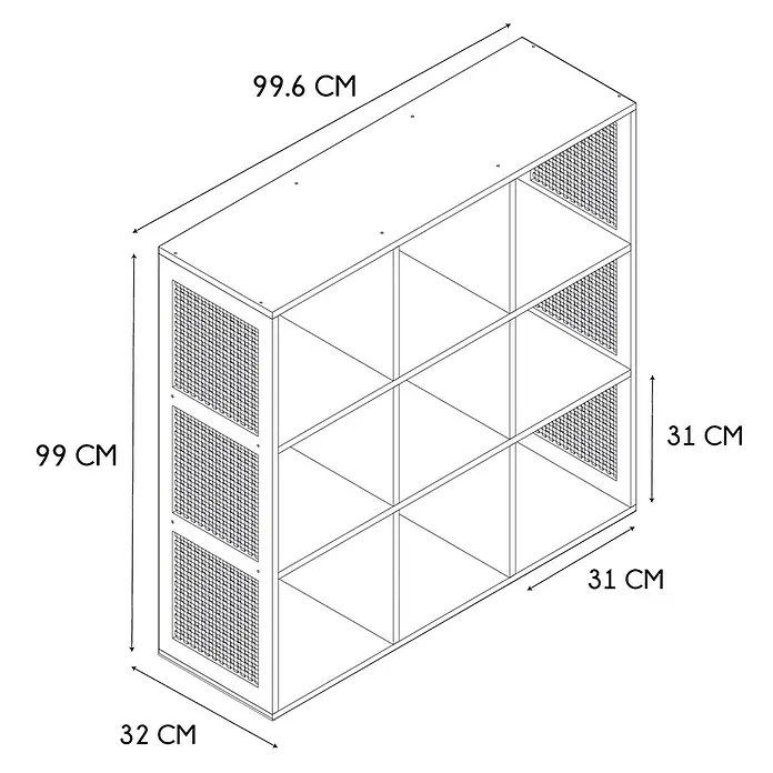 Home Deco Factory Bali Estantería de madera - L x An x Al: 32 x 99,6 x 99 cm, Marrón, Con ratán trenzado - Estantería de nueve compartimentos con dimensiones de 99,6 x 99 x 32 cm y compartimentos cuadrados de 31 x 31 cm.