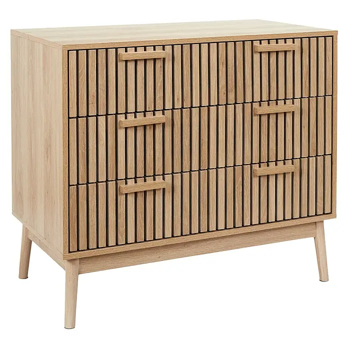Home Deco Factory Klaus Cómoda con mesitas - 3 pzs., Marrón, Diseño acanalado - Cómoda de madera clara con tres cajones y frentes de cajones acanalados para un almacenamiento elegante en el dormitorio o la sala de estar.