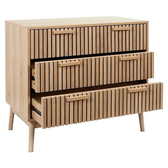 Home Deco Factory Klaus Cómoda con mesitas - 3 pzs., Marrón, Diseño acanalado - Cómoda de madera clara con tres cajones y frentes acanalados. Dos cajones están abiertos.