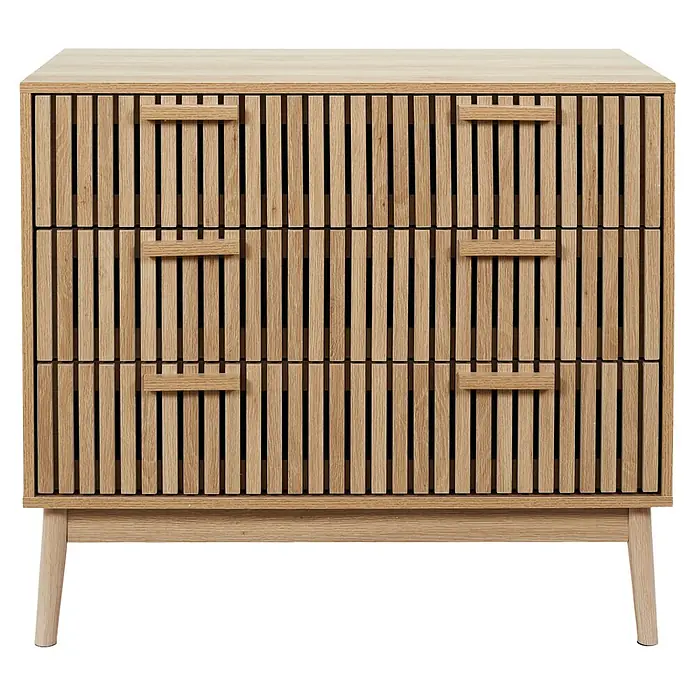 Home Deco Factory Klaus Cómoda con mesitas - 3 pzs., Marrón, Diseño acanalado - Esta cómoda de madera con sus estrechas tiras de madera en los cajones es un verdadero punto de atracción y ofrece mucho espacio de almacenamiento.