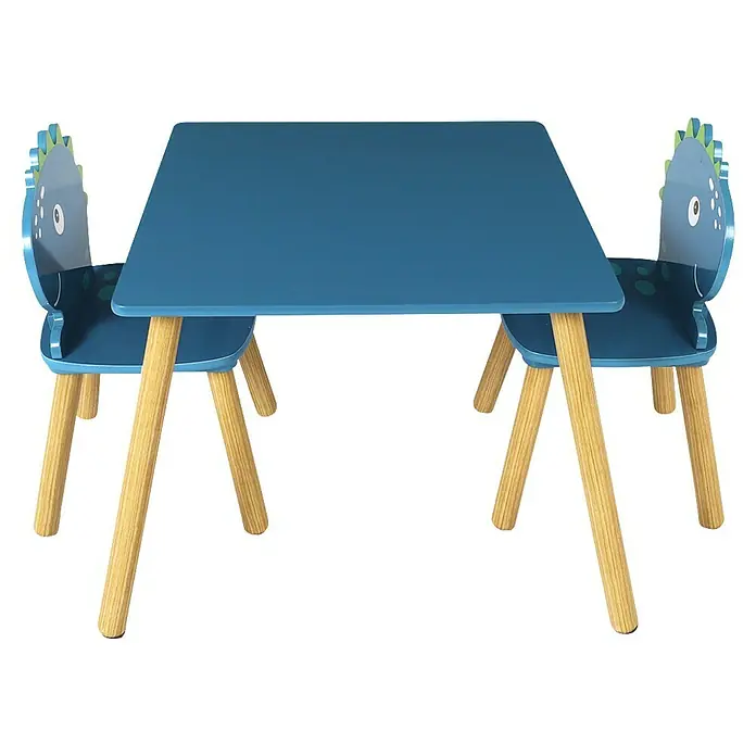 Home Deco Kids Mesa infantil con sillas Dino - MDF, Azul, 3 pzs., Específico para: Niños de 3 a 5 años - Una mesa azul para niños con dos sillas. Las sillas tienen motivos de dinosaurios.