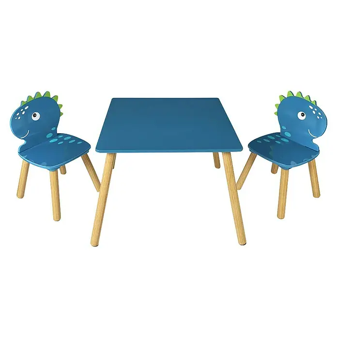 Home Deco Kids Mesa infantil con sillas Dino - MDF, Azul, 3 pzs., Específico para: Niños de 3 a 5 años - Conjunto de mesa y sillas para niños con una mesa azul y dos sillas con temática de dinosaurios. Ideal para salas de juegos.