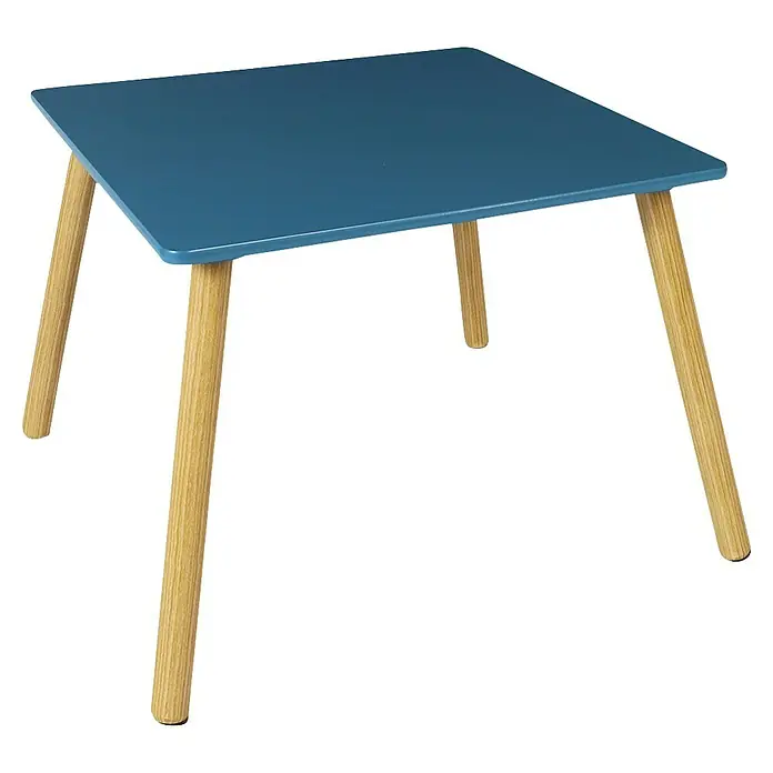 Home Deco Kids Mesa infantil con sillas Dino - MDF, Azul, 3 pzs., Específico para: Niños de 3 a 5 años - Una mesa cuadrada azul con patas de madera clara se muestra sobre un fondo negro. El diseño de la mesa es simple y moderno.