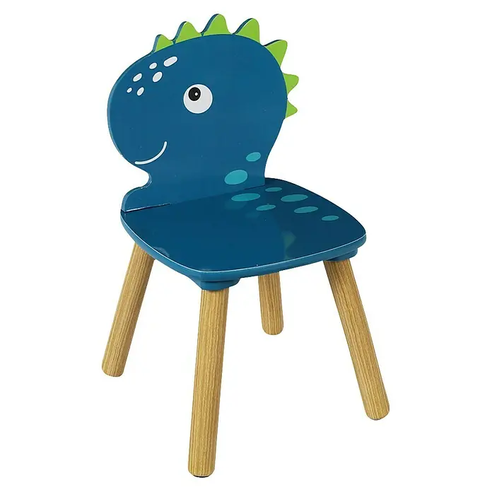 Home Deco Kids Mesa infantil con sillas Dino - MDF, Azul, 3 pzs., Específico para: Niños de 3 a 5 años - Una silla azul para niños con un diseño de dinosaurio y patas de madera clara. La silla tiene un diseño divertido y apto para niños.