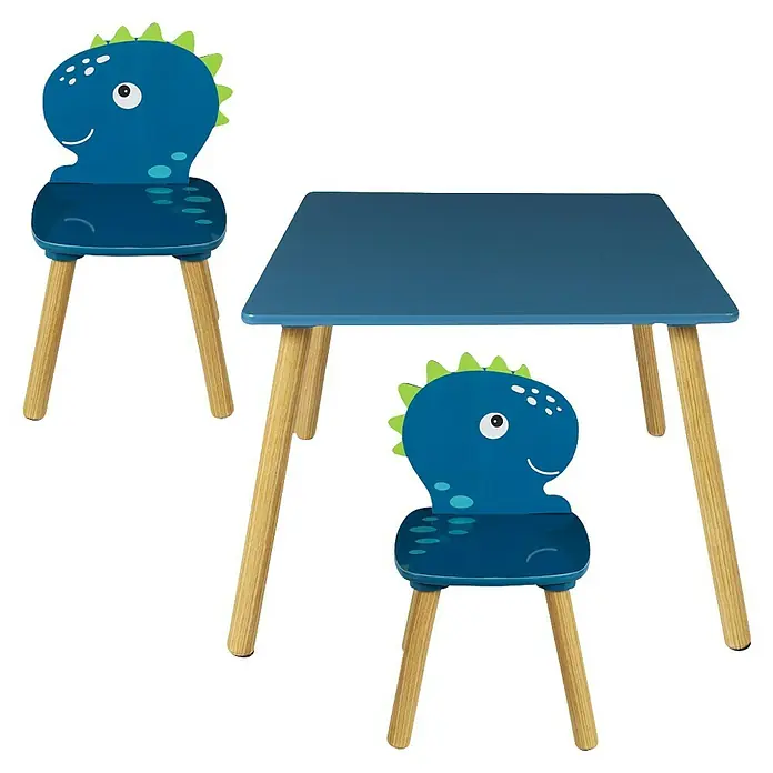Home Deco Kids Mesa infantil con sillas Dino - MDF, Azul, 3 pzs., Específico para: Niños de 3 a 5 años - Juego de mesa infantil con diseño de dinosaurio, que incluye una mesa y dos sillas, perfecto para cuartos de juego o dormitorios infantiles.