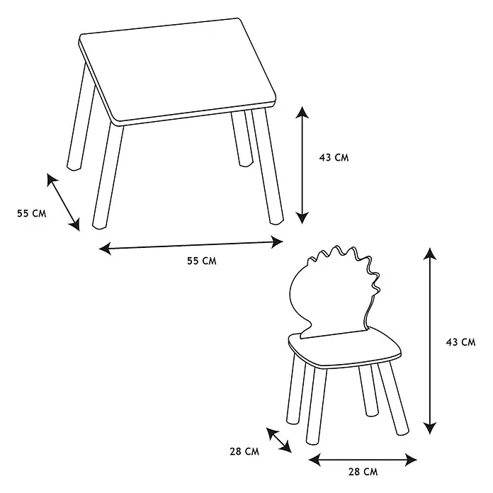 Home Deco Kids Mesa infantil con sillas Dino - MDF, Azul, 3 pzs., Específico para: Niños de 3 a 5 años - Ilustración de una mesa infantil con silla, que muestra las dimensiones de la mesa y la silla en centímetros.