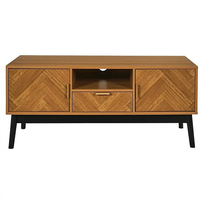 Home Deco Factory Felix Mueble para TV - L x An x Al: 40 x 110 x 48 cm, MDF, Acabado en espiga - Elegante mueble de TV con estructura de madera y patas negras. El mueble ofrece almacenamiento con cajones y compartimentos para dispositivos multimedia.