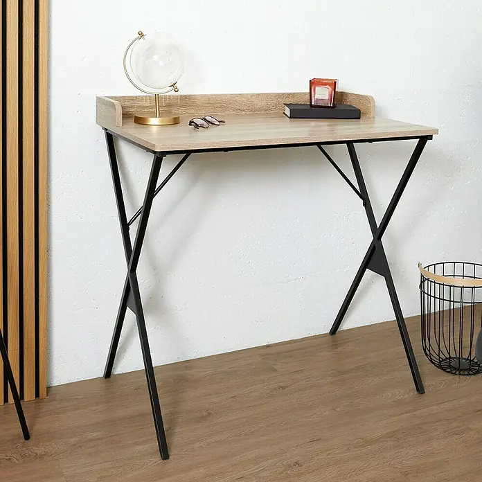 Home Deco Factory Loka Mesa de escritorio - L x An x Al: 48 x 80 x 80 cm, Marrón/Negro, MDF/Metal - Escritorio moderno con madera clara y estructura de metal negro para oficina o teletrabajo.