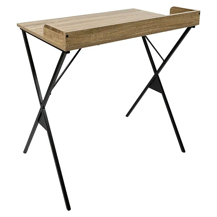 Home Deco Factory Loka Mesa de escritorio - L x An x Al: 48 x 80 x 80 cm, Marrón/Negro, MDF/Metal - Este artículo muestra un escritorio moderno con un marco en forma de X y una superficie de madera. El escritorio es llamativo para cualquier habitación.