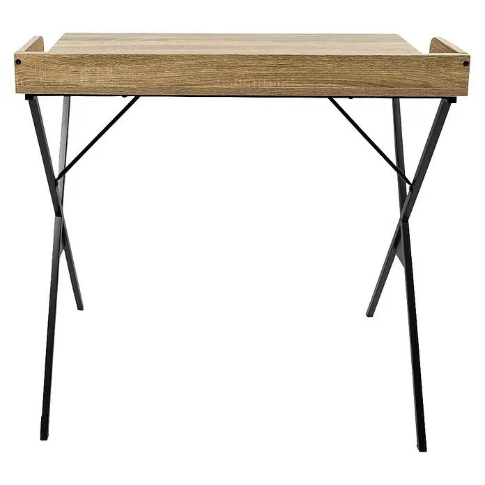 Home Deco Factory Loka Mesa de escritorio - L x An x Al: 48 x 80 x 80 cm, Marrón/Negro, MDF/Metal - Primer plano de una mesa plegable con una tapa de aspecto de madera y una estructura metálica robusta. ¡Ideal para espacios pequeños!