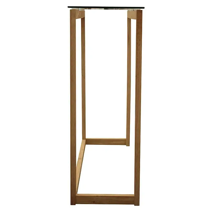 Home Deco Factory Mesa auxiliar - L x An x Al: 32 x 100 x 87 cm, Vidrio templado/Madera de hevea - La imagen muestra una estantería de madera moderna con una tapa de cristal. Ideal para un espacio habitable minimalista.