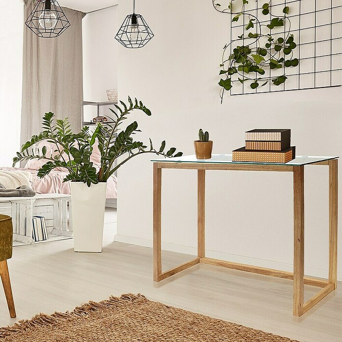 Home Deco Factory Mesa auxiliar (L x An x Al: 32 x 100 x 87 cm, Vidrio templado/Madera de hevea) | BAUHAUS