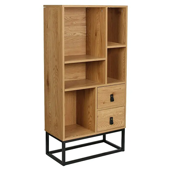 Home Deco Factory Abbot Estantería de madera - L x An x Al: 29 x 60 x 120 cm, Marrón/Negro, Número de cajones: 2 ud. - Elegante estantería vertical con aspecto de roble con compartimentos abiertos y cajones, presentada sobre una moderna base de metal. Solución de almacenaje versátil.