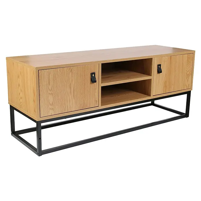 Home Deco Factory Abbot Conjunto mueble de salón - 3 pzs., Marrón/Negro - Elegante mueble de TV de madera clara con asas negras y estructura metálica moderna. Perfecto para cualquier salón.