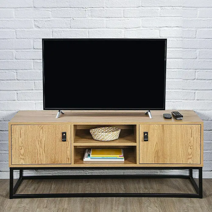 Home Deco Factory Abbot Conjunto mueble de salón - 3 pzs., Marrón/Negro - Mueble de TV de madera con estructura metálica, perfecto para un salón moderno. Ofrece espacio para accesorios de televisión.