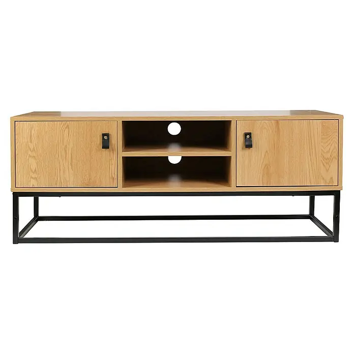 Home Deco Factory Abbot Conjunto mueble de salón - 3 pzs., Marrón/Negro - Un elegante mueble de TV de madera con tiradores negros y estructura metálica negra. Ideal para cualquier salón moderno.