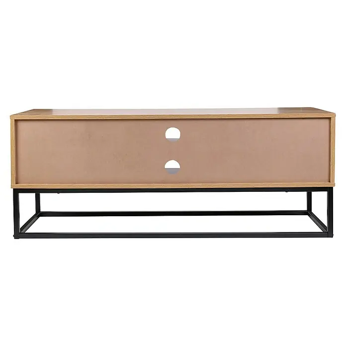 Home Deco Factory Abbot Conjunto mueble de salón - 3 pzs., Marrón/Negro - Un moderno mueble de TV con marco de madera marrón claro y patas de metal negro, perfecto para un almacenamiento multimedia elegante.