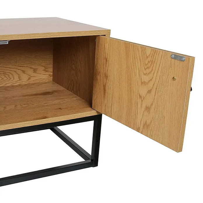 Home Deco Factory Abbot Conjunto mueble de salón - 3 pzs., Marrón/Negro - Primer plano de un mueble de madera con estructura metálica, que muestra un mueble moderno y elegante para guardar.