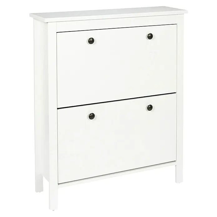 Home Deco Factory Zapatero - L x An x Al: 24,5 x 78 x 92 cm, Blanco, Número de compartimentos: 2 ud. - Esta imagen muestra un zapatero blanco con dos compartimentos, cada uno con dos pomos redondos. Solución de almacenamiento elegante para el pasillo.