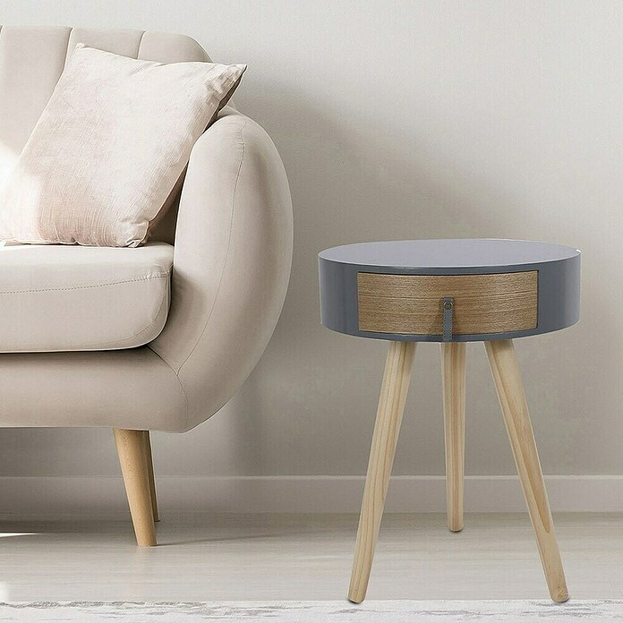 Home Deco Factory Mesa auxiliar (Ø x Al: 35 x 46,5 cm, Gris/Madera, Número de cajones: 1 ud.) | BAUHAUS