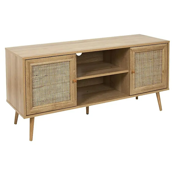 Home Deco Factory Bali Conjunto mueble de salón - 3 pzs., Marrón, Con ratán trenzado - Amplio mueble de TV de madera con dos puertas y estantes abiertos, ideal para la sala de estar. El aparador ofrece mucho espacio de almacenamiento.