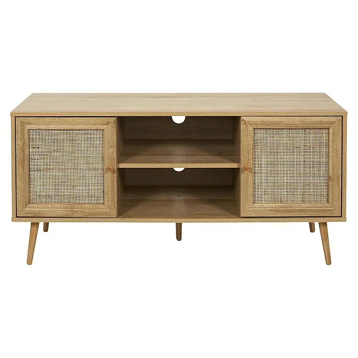Home Deco Factory Bali Conjunto mueble de salón - 3 pzs., Marrón, Con ratán trenzado - Un elegante mueble para TV con aspecto de madera, dos puertas con paneles de ratán y compartimentos abiertos. Perfecto para tu sala de estar.