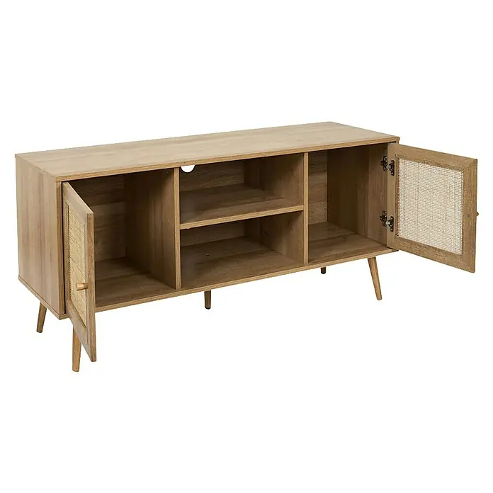 Home Deco Factory Bali Conjunto mueble de salón - 3 pzs., Marrón, Con ratán trenzado - Mueble de TV en tono madera con estantes abiertos y puertas de armario con inserciones tejidas. Mueble elegante para almacenamiento y exhibición.